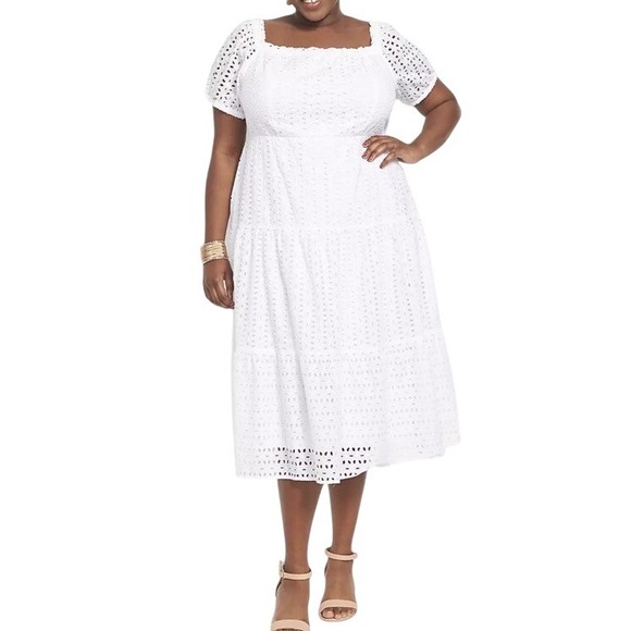 Lane Bryant Eyelet Dress 20 White Lined Tiered Puff Sleeve Boho Beachy Feminine - Picture 1 of 12